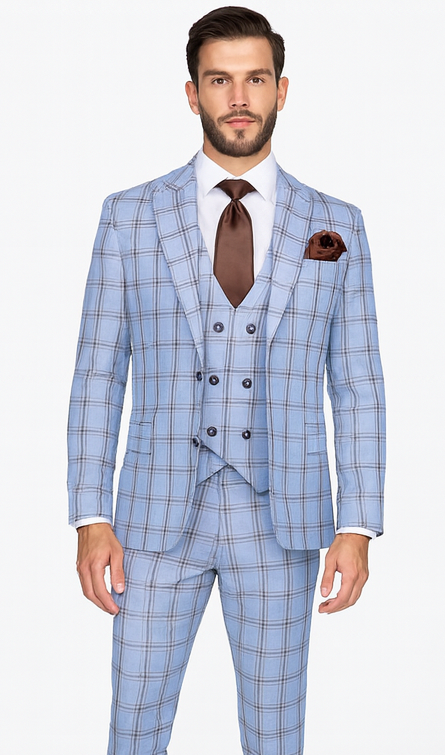 Rossi Man MAX RM1822 Slim Fit 3-Piece Suit - Light Blue & Brown Plaid Formal Suit for Men by USA Men's Outlet