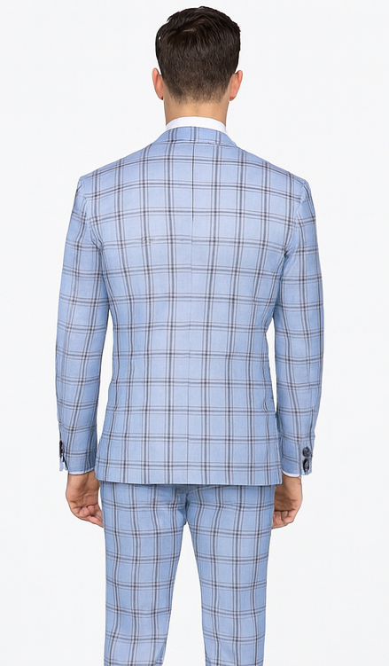 Rossi Man MAX RM1822 Slim Fit 3-Piece Suit - Light Blue & Brown Plaid Formal Suit for Men by USA Men's Outlet