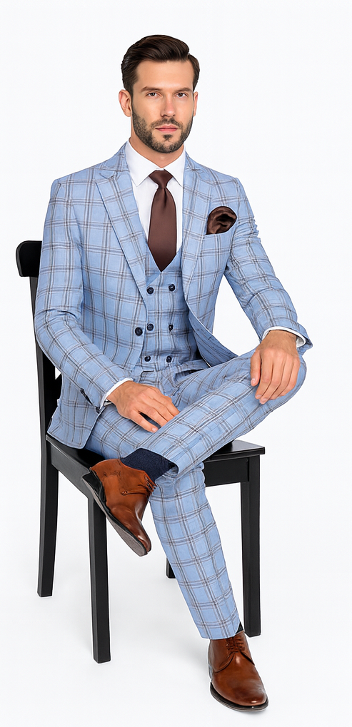 Rossi Man MAX RM1822 Slim Fit 3-Piece Suit - Light Blue & Brown Plaid Formal Suit for Men by USA Men's Outlet