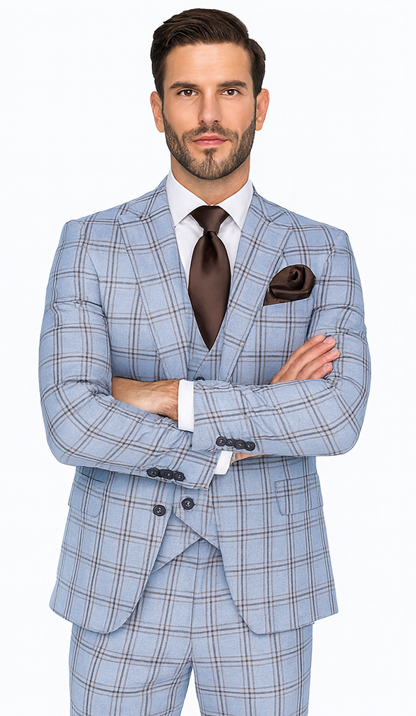 Rossi Man MAX RM1822 Slim Fit 3-Piece Suit - Light Blue & Brown Plaid Formal Suit for Men by USA Men's Outlet