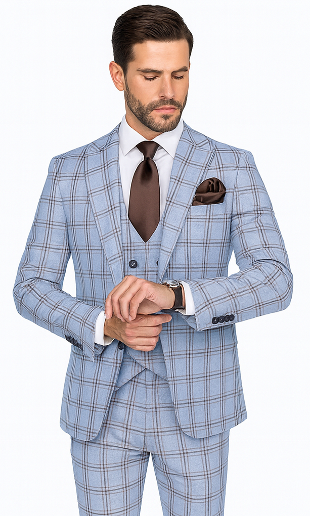 Rossi Man MAX RM1822 Slim Fit 3-Piece Suit - Light Blue & Brown Plaid Formal Suit for Men by USA Men's Outlet
