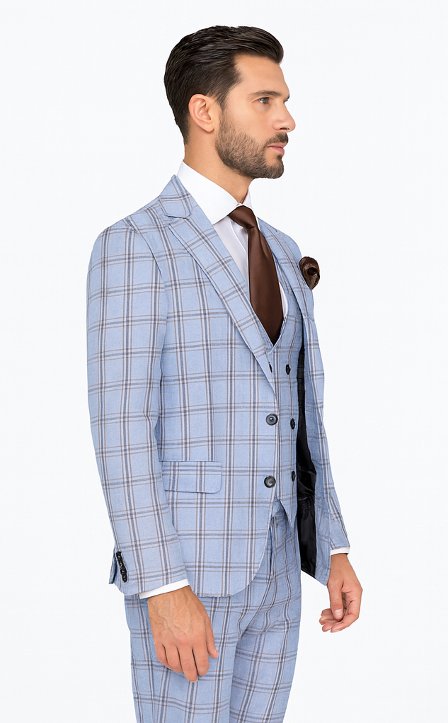 Rossi Man MAX RM1822 Slim Fit 3-Piece Suit - Light Blue & Brown Plaid Formal Suit for Men by USA Men's Outlet
