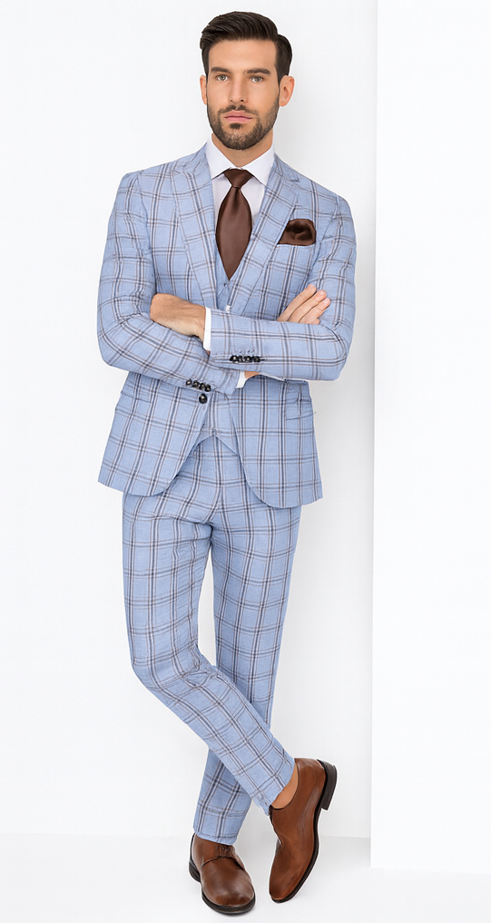 Rossi Man MAX RM1822 Slim Fit 3-Piece Suit - Light Blue & Brown Plaid Formal Suit for Men by USA Men's Outlet