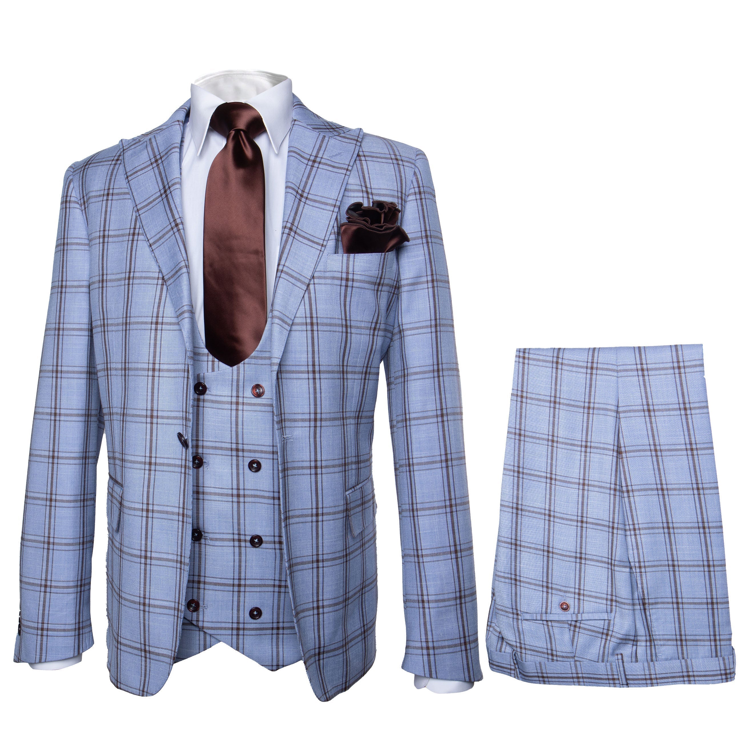 Rossi Man MAX RM1822 Slim Fit 3-Piece Suit - Light Blue & Brown Plaid Formal Suit for Men by USA Men's Outlet