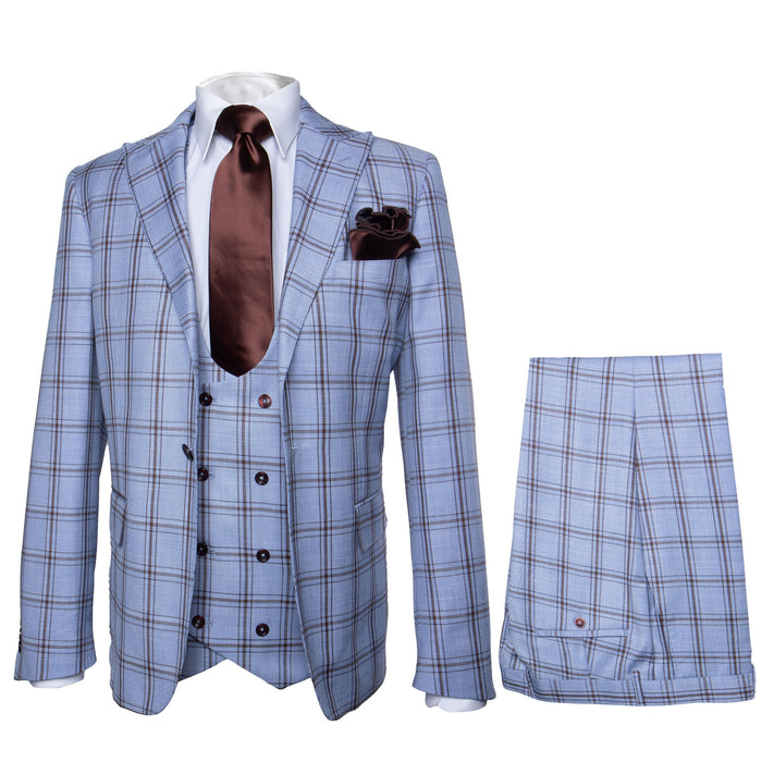 Rossi Man MAX RM1822 Slim Fit 3-Piece Suit - Light Blue & Brown Plaid Formal Suit for Men by USA Men's Outlet