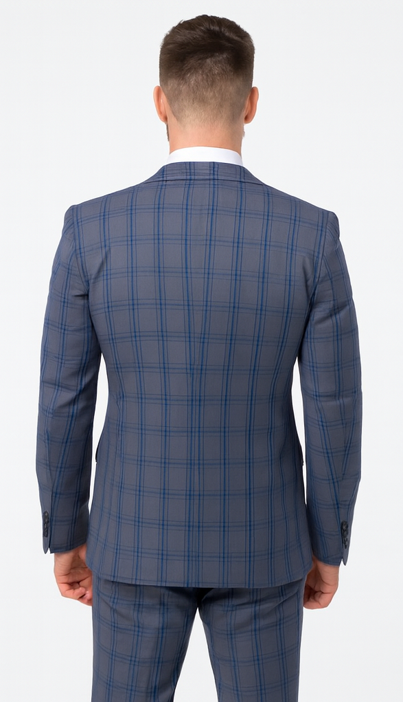 Rossi Man MAX RM1823 Slim Fit 3-Piece Blue Plaid Suit - Tailored for Weddings & Business by USA Men's Outlet