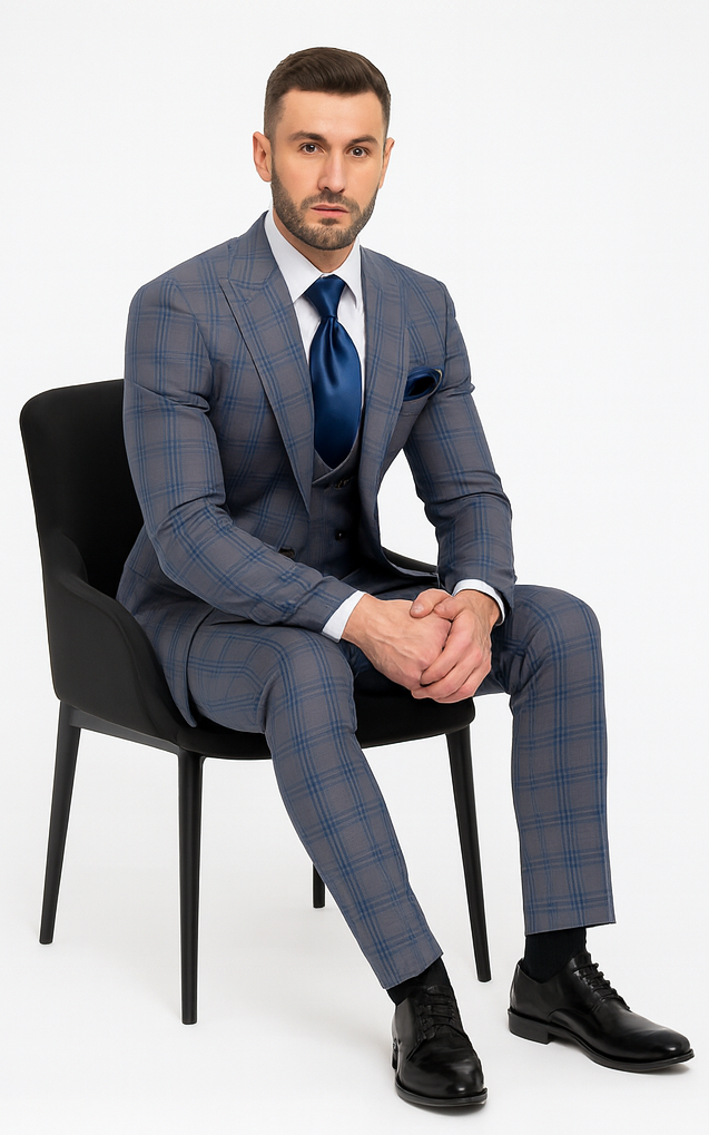Rossi Man MAX RM1823 Slim Fit 3-Piece Blue Plaid Suit - Tailored for Weddings & Business by USA Men's Outlet