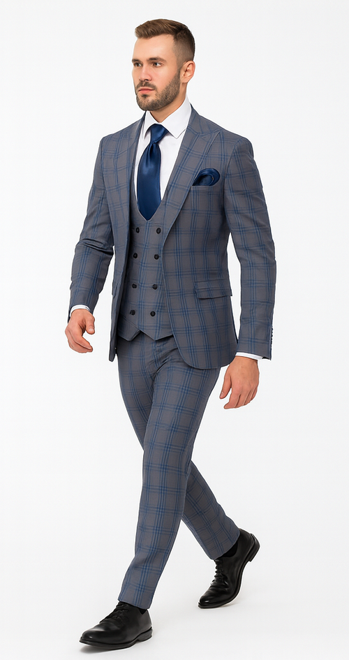 Rossi Man MAX RM1823 Slim Fit 3-Piece Blue Plaid Suit - Tailored for Weddings & Business by USA Men's Outlet