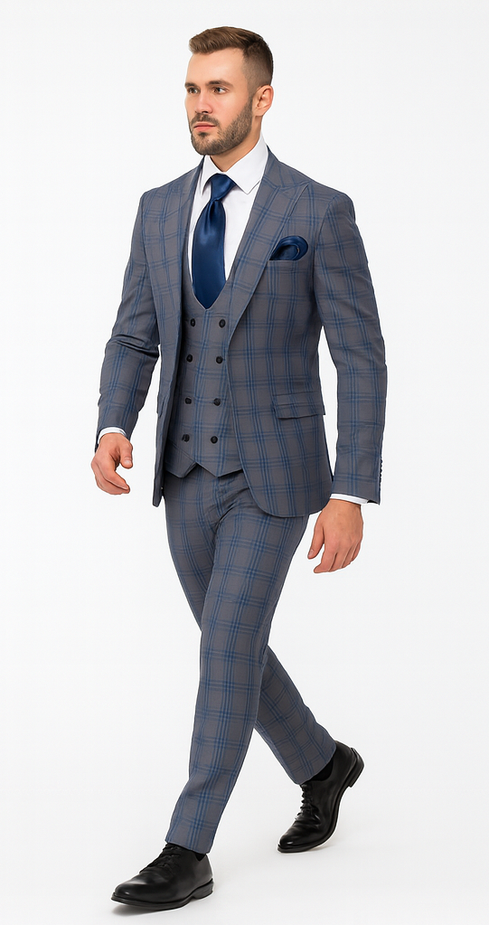 Rossi Man MAX RM1823 Slim Fit 3-Piece Blue Plaid Suit - Tailored for Weddings & Business by USA Men's Outlet