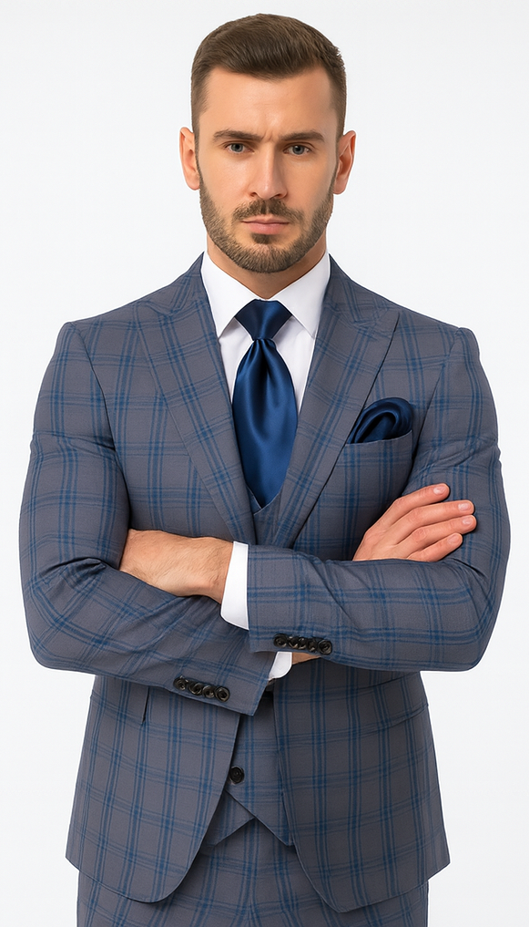 Rossi Man MAX RM1823 Slim Fit 3-Piece Blue Plaid Suit - Tailored for Weddings & Business by USA Men's Outlet