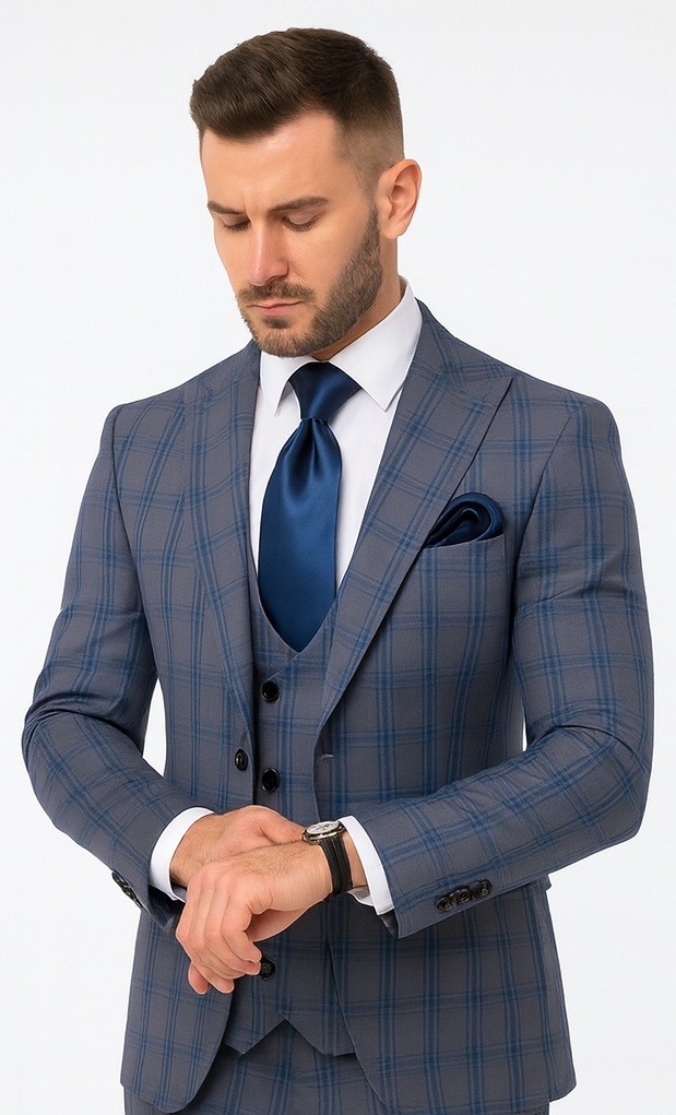 Rossi Man MAX RM1823 Slim Fit 3-Piece Blue Plaid Suit - Tailored for Weddings & Business by USA Men's Outlet