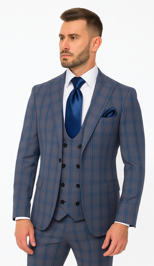 Rossi Man MAX RM1823 Slim Fit 3-Piece Blue Plaid Suit - Tailored for Weddings & Business by USA Men's Outlet