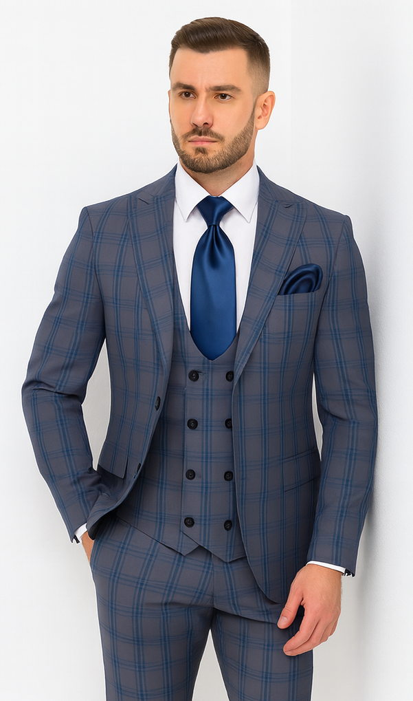 Rossi Man MAX RM1823 Slim Fit 3-Piece Blue Plaid Suit - Tailored for Weddings & Business by USA Men's Outlet