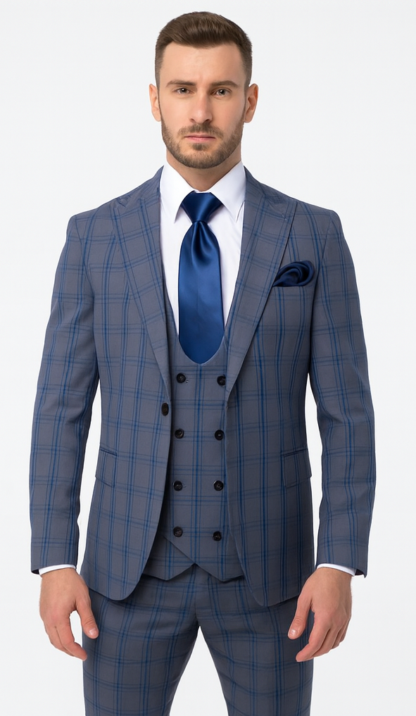 Rossi Man MAX RM1823 Slim Fit 3-Piece Blue Plaid Suit - Tailored for Weddings & Business by USA Men's Outlet