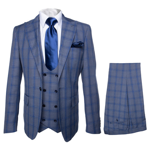Rossi Man MAX RM1823 Slim Fit 3-Piece Blue Plaid Suit - Tailored for Weddings & Business by USA Men's Outlet