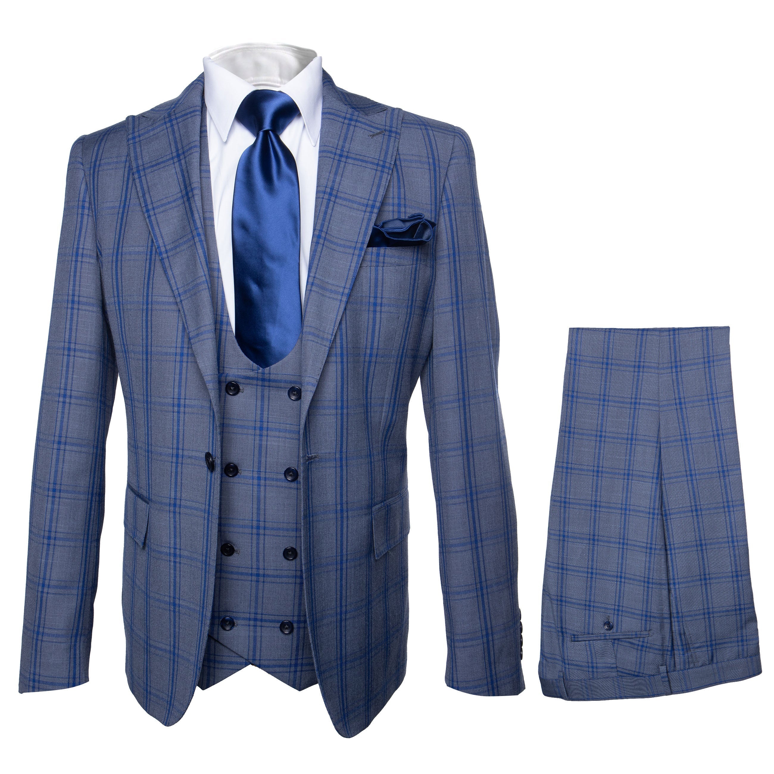 Rossi Man MAX RM1823 Slim Fit 3-Piece Blue Plaid Suit - Tailored for Weddings & Business by USA Men's Outlet