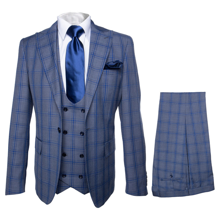 Rossi Man MAX RM1823 Slim Fit 3-Piece Blue Plaid Suit - Tailored for Weddings & Business by USA Men's Outlet