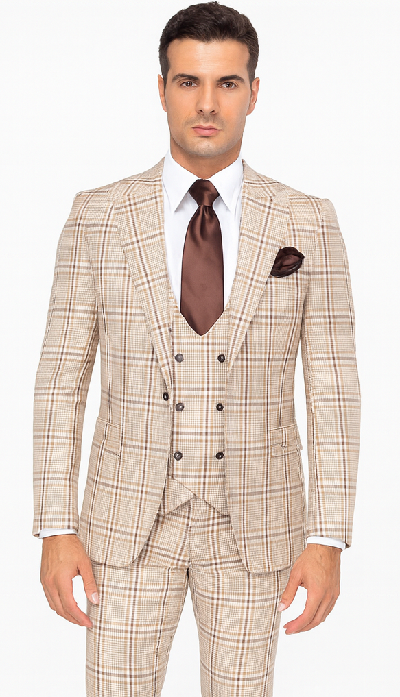 Rossi Man MAX RM1824 Light Brown Slim Fit 3-Piece Suit - Men’s Formalwear by USA Men's Outlet