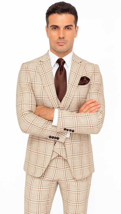Rossi Man MAX RM1824 Light Brown Slim Fit 3-Piece Suit - Men’s Formalwear by USA Men's Outlet