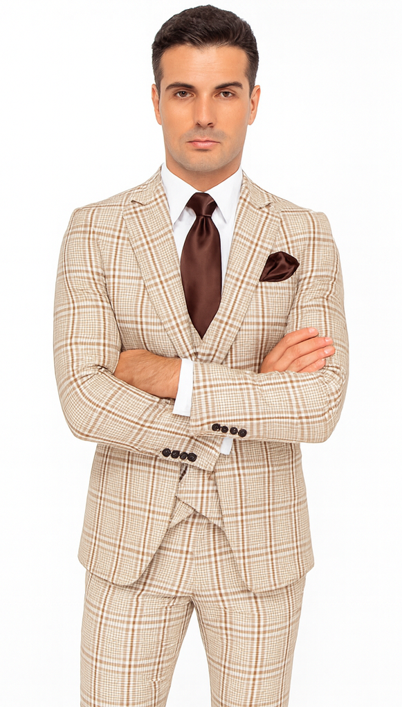 Rossi Man MAX RM1824 Light Brown Slim Fit 3-Piece Suit - Men’s Formalwear by USA Men's Outlet