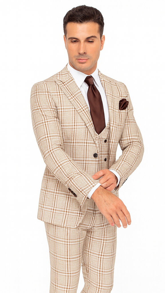 Rossi Man MAX RM1824 Light Brown Slim Fit 3-Piece Suit - Men’s Formalwear by USA Men's Outlet