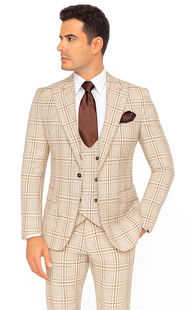 Rossi Man MAX RM1824 Light Brown Slim Fit 3-Piece Suit - Men’s Formalwear by USA Men's Outlet