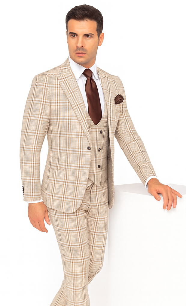 Rossi Man MAX RM1824 Light Brown Slim Fit 3-Piece Suit - Men’s Formalwear by USA Men's Outlet