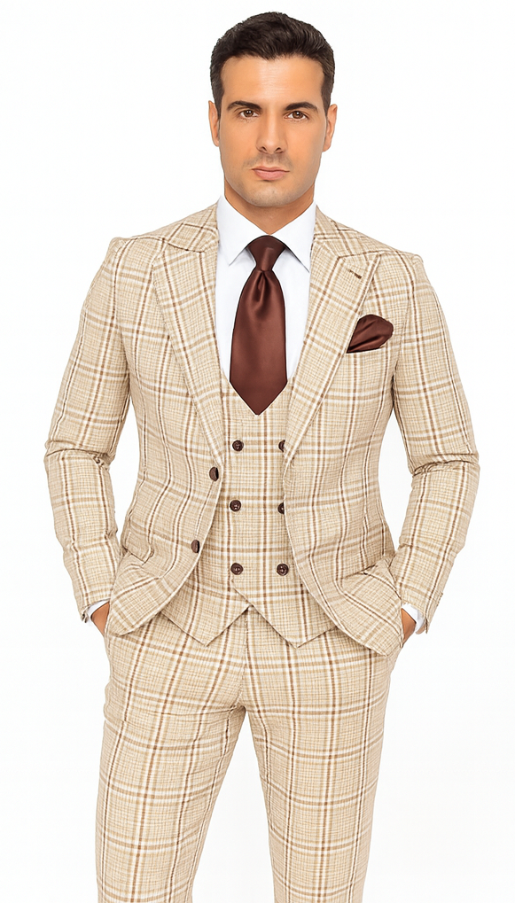 Rossi Man MAX RM1824 Light Brown Slim Fit 3-Piece Suit - Men’s Formalwear by USA Men's Outlet