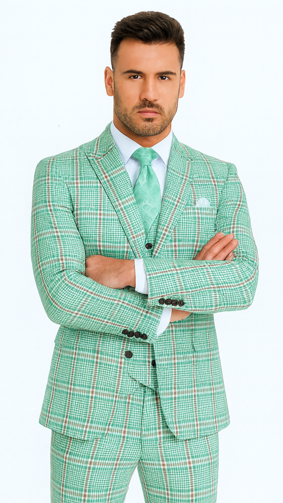 Rossi Man MAX RM1825 Slim Fit 3-Piece Mint Green Suit - Formalwear at USA Men's Outlet
