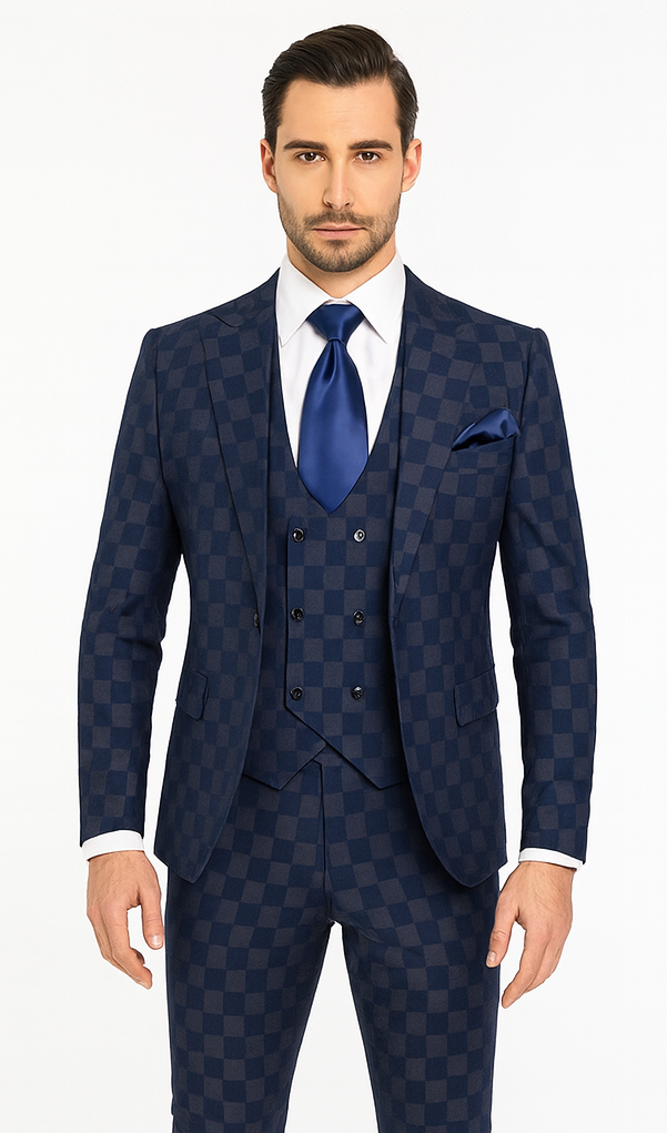 Rossi Man MAX RM1838 Navy Check Slim Fit 3-Piece Suit - Men’s Formalwear by USA Men's Outlet