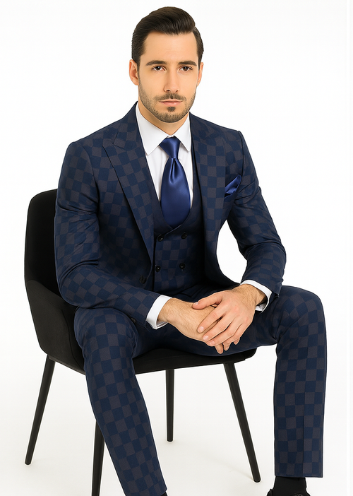 Rossi Man MAX RM1838 Navy Check Slim Fit 3-Piece Suit - Men’s Formalwear by USA Men's Outlet