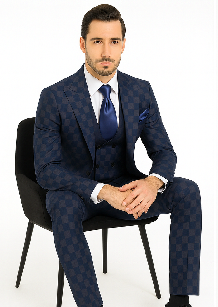 Rossi Man MAX RM1838 Navy Check Slim Fit 3-Piece Suit - Men’s Formalwear by USA Men's Outlet