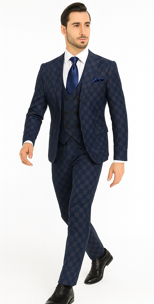 Rossi Man MAX RM1838 Navy Check Slim Fit 3-Piece Suit - Men’s Formalwear by USA Men's Outlet