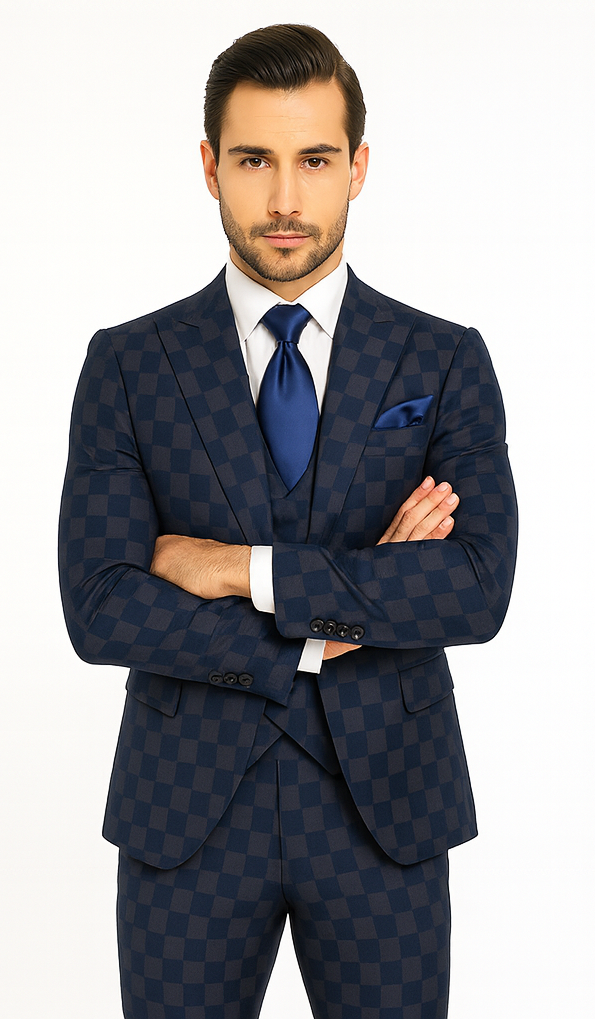 Rossi Man MAX RM1838 Navy Check Slim Fit 3-Piece Suit - Men’s Formalwear by USA Men's Outlet