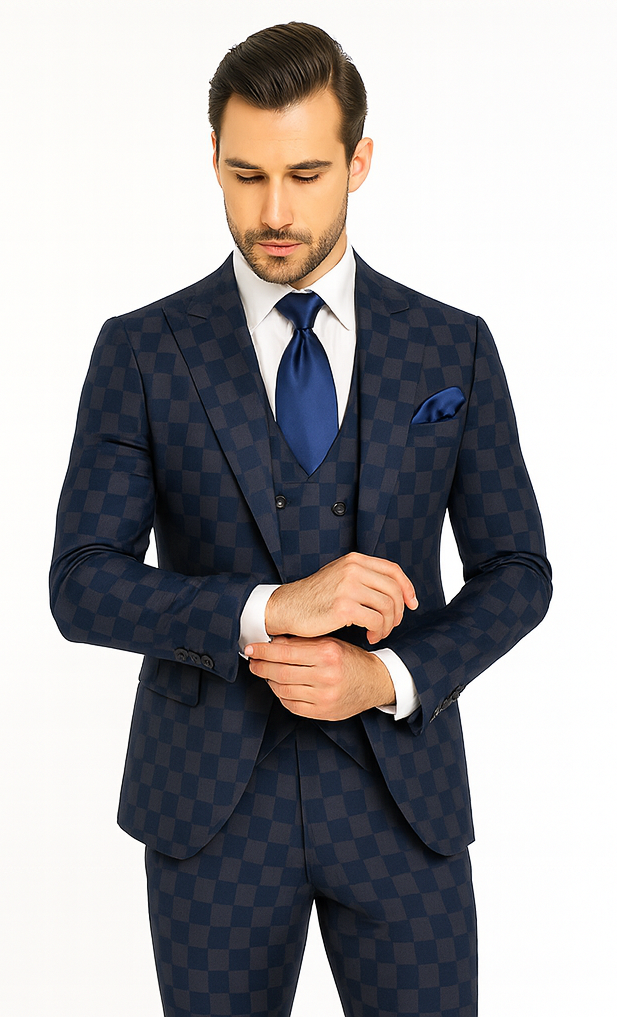 Rossi Man MAX RM1838 Navy Check Slim Fit 3-Piece Suit - Men’s Formalwear by USA Men's Outlet