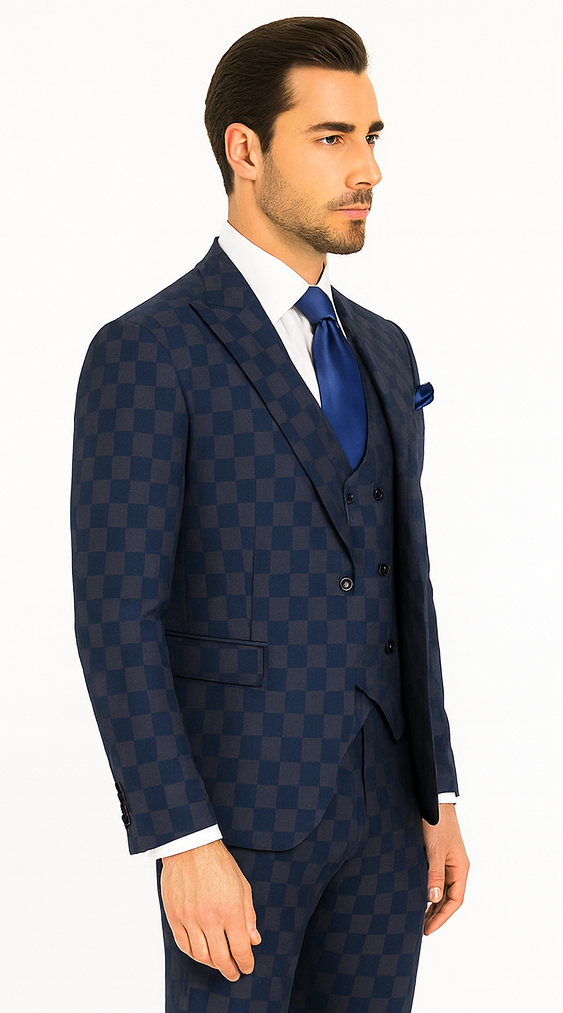 Rossi Man MAX RM1838 Navy Check Slim Fit 3-Piece Suit - Men’s Formalwear by USA Men's Outlet
