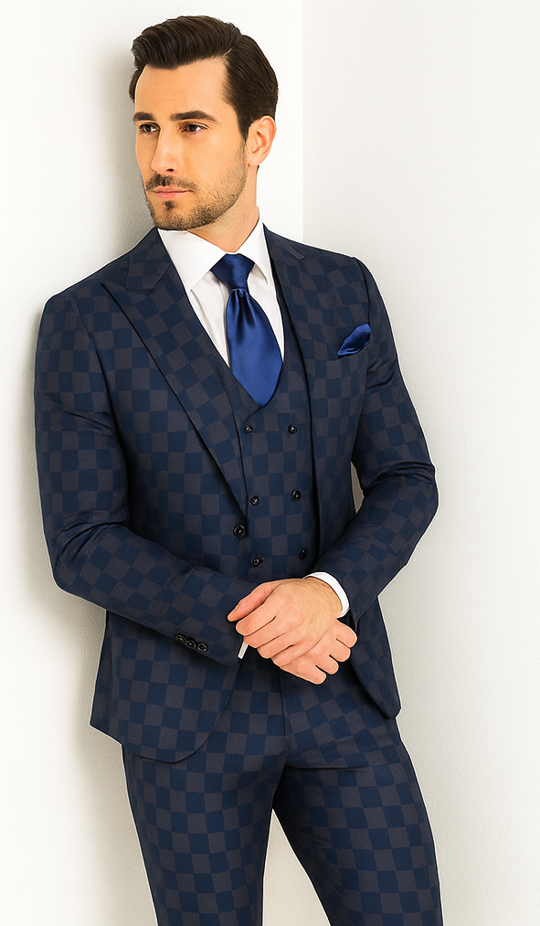 Rossi Man MAX RM1838 Navy Check Slim Fit 3-Piece Suit - Men’s Formalwear by USA Men's Outlet
