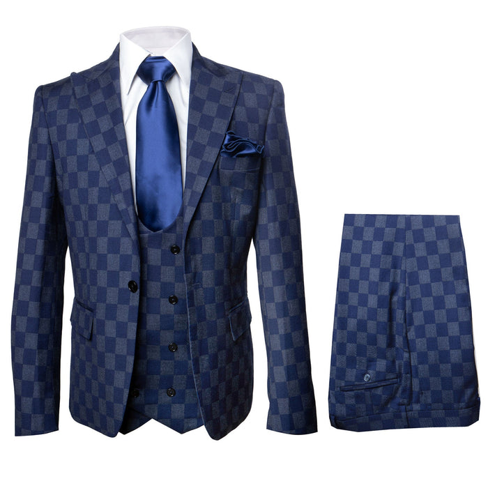 Rossi Man MAX RM1838 Navy Check Slim Fit 3-Piece Suit - Men’s Formalwear by USA Men's Outlet