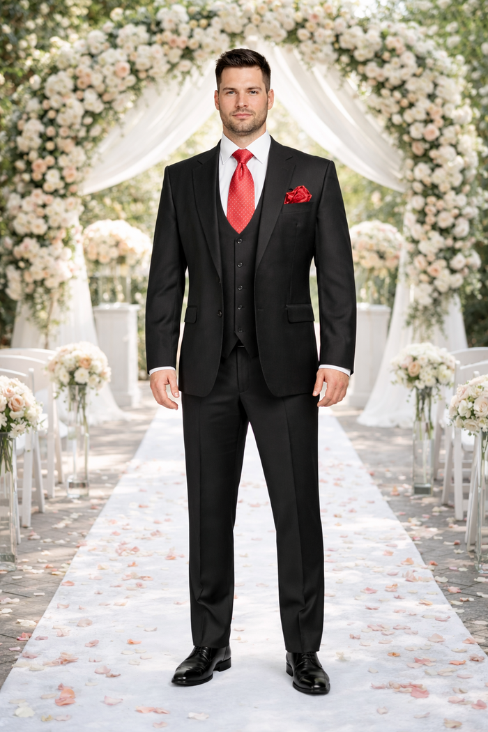 Rossiman Men’s Formal Black Slim Fit Suit - 3-Piece with Stylish Vest & Trousers - Italian Tailored Elegance by USA Men's Outlet