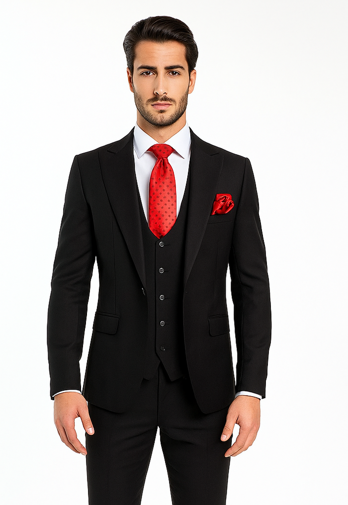 Rossi Man Men’s Slim Fit Black Suit - Double-Breasted Vest - Elegant Italian Formalwear for Men USA Men's Outlet
