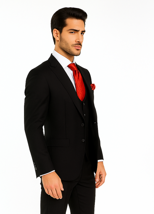 Rossi Man Men’s Slim Fit Black Suit - Double-Breasted Vest - Elegant Italian Formalwear for Men USA Men's Outlet