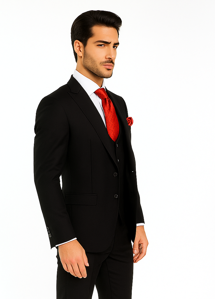 Rossi Man Men’s Slim Fit Black Suit - Double-Breasted Vest - Elegant Italian Formalwear for Men USA Men's Outlet