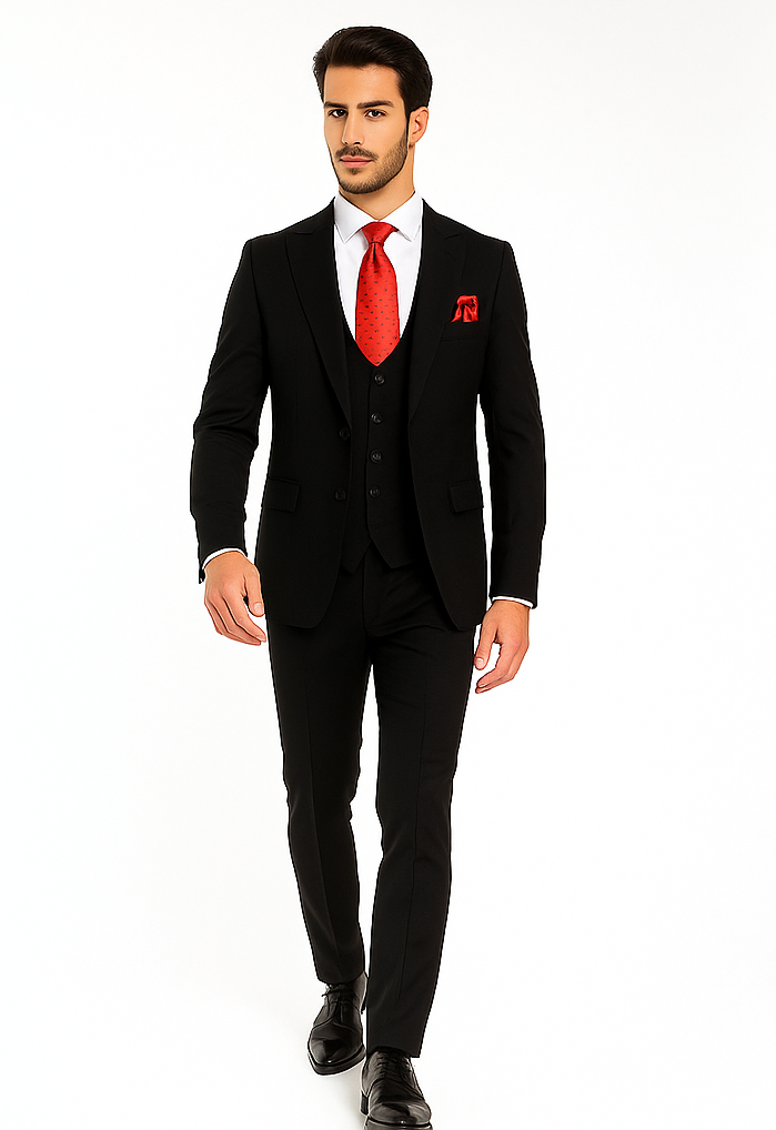Rossi Man Men’s Slim Fit Black Suit - Double-Breasted Vest - Elegant Italian Formalwear for Men USA Men's Outlet
