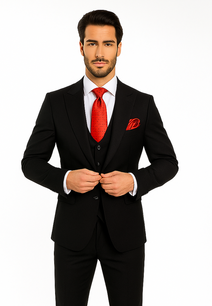 Rossi Man Men’s Slim Fit Black Suit - Double-Breasted Vest - Elegant Italian Formalwear for Men USA Men's Outlet