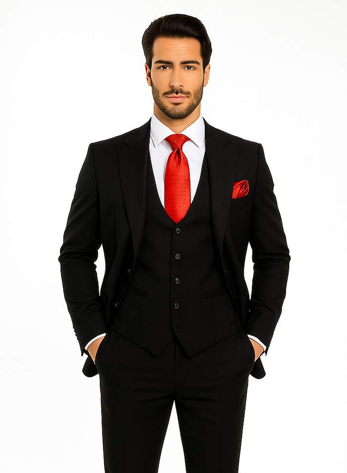 Rossi Man Men’s Slim Fit Black Suit - Double-Breasted Vest - Elegant Italian Formalwear for Men USA Men's Outlet