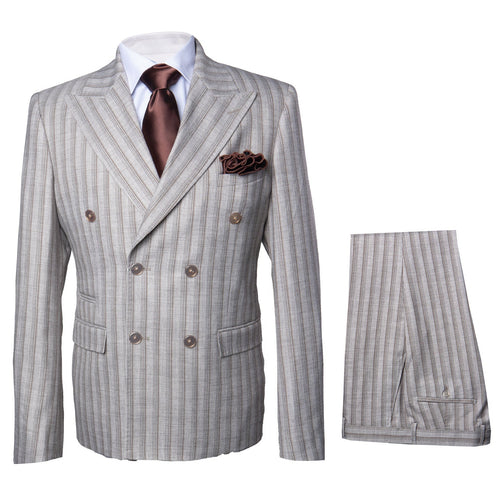 Men’s Brown Pinstripe Double-Breasted 2-Piece Suit – Slim Fit Premium Fabric Formal Business & Wedding Outfit By Rossi Man RM1845