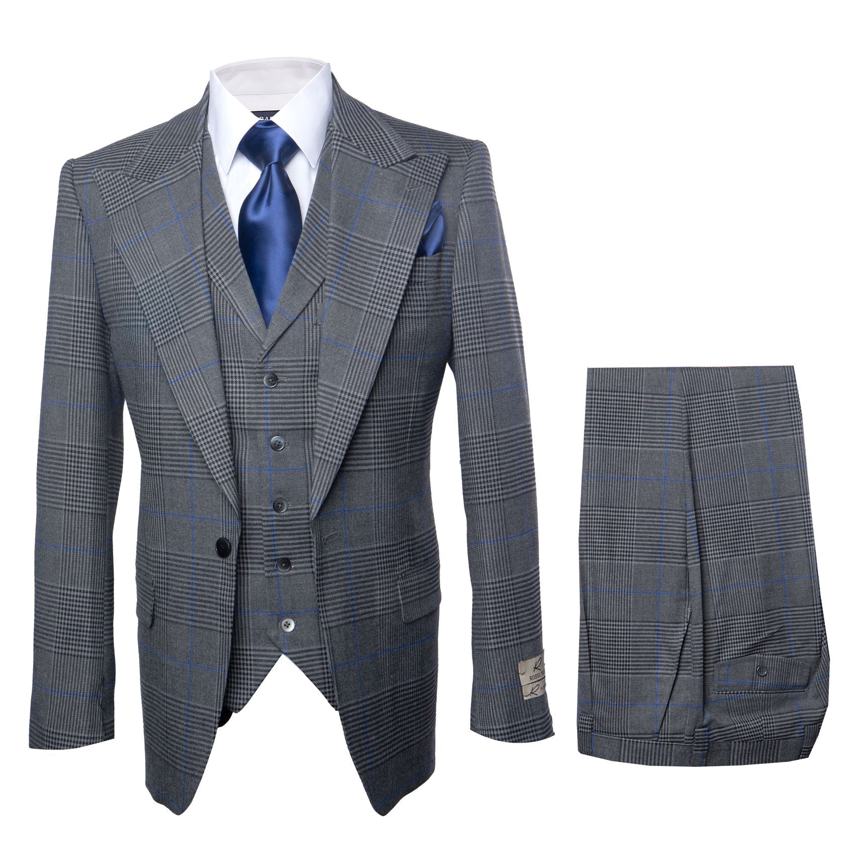 Men’s Grey Super 150’s Wool 3-Piece Suit – Elite Contour Fit Wide-Lapel One-Button Luxury Formal Outfit By Rossi Man RM2312