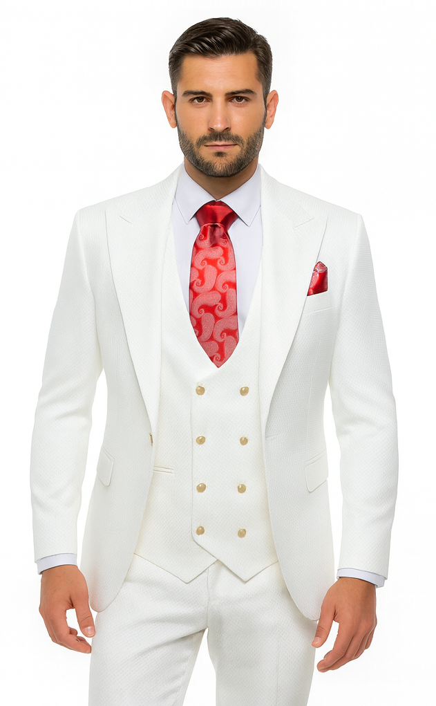 Rossi Man Slim Fit 3-Piece White Suit - Peak Lapel Jacket with Double-Breasted Vest by USA Men's Outlet