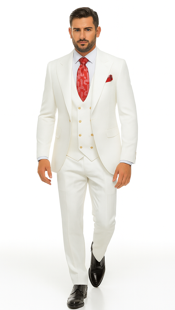 Rossi Man Slim Fit 3-Piece White Suit - Peak Lapel Jacket with Double-Breasted Vest by USA Men's Outlet