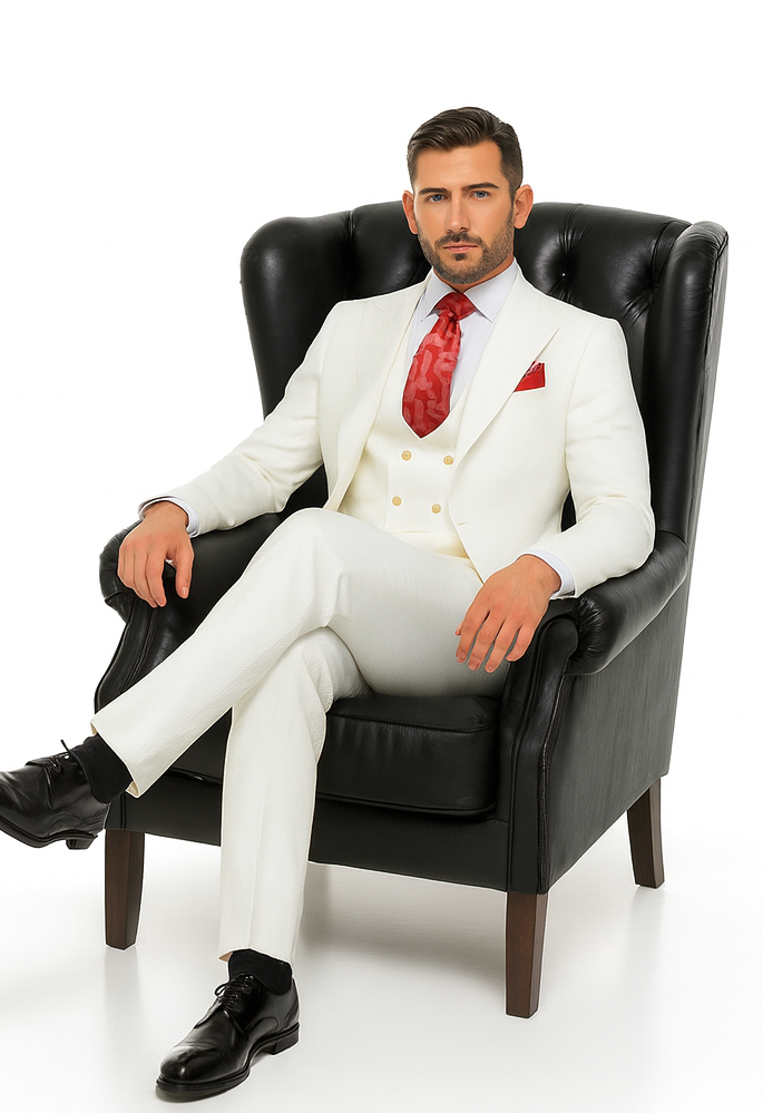 Rossi Man Slim Fit 3-Piece White Suit - Peak Lapel Jacket with Double-Breasted Vest by USA Men's Outlet